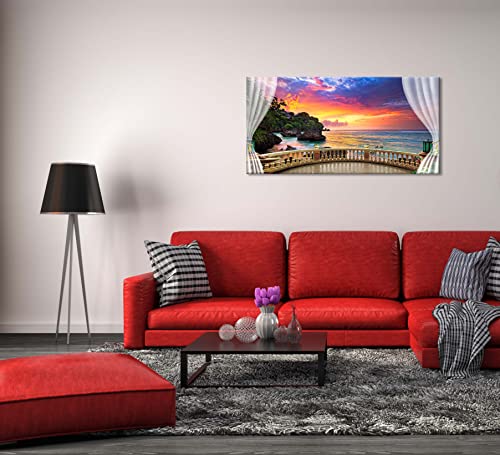 PIY Canvas Wall Art for Living Room, Beautiful Beach Ocean Sunset Pictures Canvas Prints Artwork, Balcony View Series, Large, 24x48