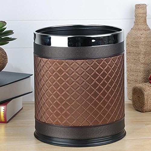 Wddwarmhome Rhombus With Brown Trash Can Home Living Room Bedroom Kitchen WC Bathroom Leather Double Layer Metal Simple 10L Waste Bins ( Size : No cover: diameter 22.5 cm high 27 cm )