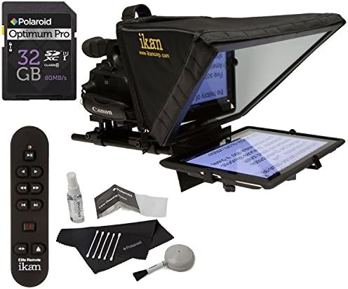 Ikan PT-ELITE-U Elite Universal Tablet Teleprompter Kit (Black), Ikan Elite Remote Bluetooth iPad Teleprompter Remote, Polaroid Pro 32GB Class 10 SD Card and Polaroid 5 Piece Camera Cleaning Kit