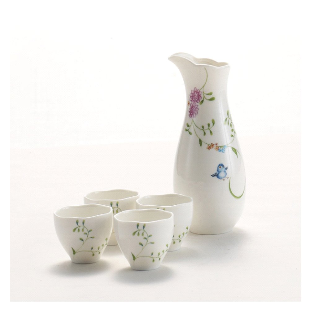 Hetoco 5 Piece Ceramic White Traditional Japanese Sake Set with Flower Design