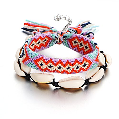 17KM Starfish Turtle Anklets Multi Layered Turquoise Stone Shell Boho Beach Sliver Yogo Charm Anklet for Women (G：Shell A) - Thumbnail 2