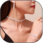 Brihasory Bride Rhinestone Earrings Necklace Bracelet Sets for Women Crystal Drop Earrings Dangle Silver Choker Necklace for Wedding Party Prom