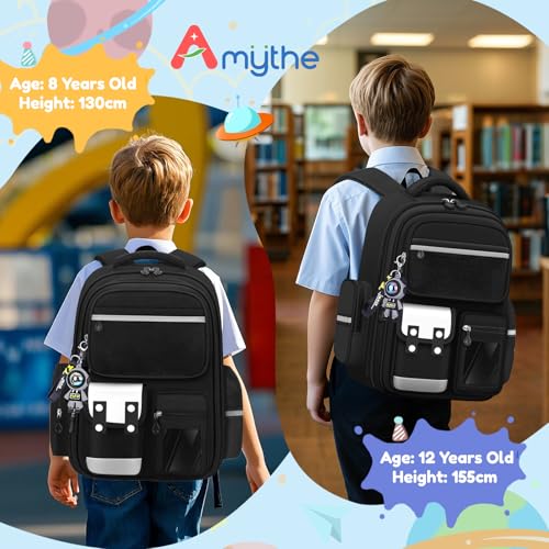 Amythe CE2 CM1 CM2 Boys' Primary School Bag, Multi-Compartment Primary School Bag with Reflective Strips for Boys 8-12 Years, Black, Classic | Children's Backpack CE2 CM1 CM2, Multi-Compartment Lightweight School Bag for Boys 8-12 Years, Back to School