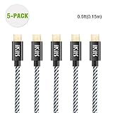 iKits Short Micro USB Cable 0.5ft Nylon Braided High Speed Durable Sync and Charge Cord Compatible with S7, HTC, LG & etc, Metal Plug & Mixed Color Cotton Jacket, USB 2.0 A Male to Micro B [5-Pack]