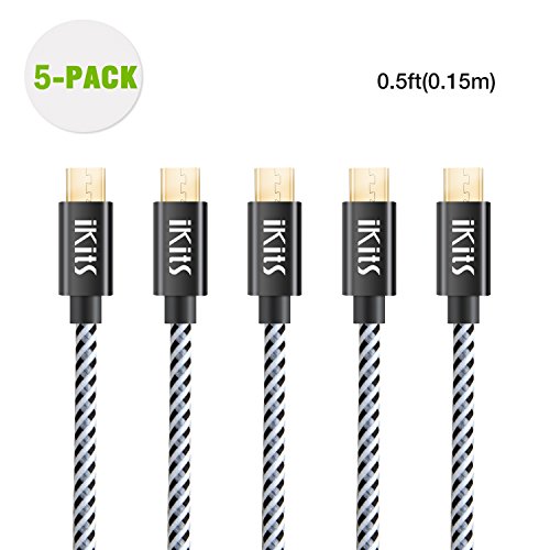 iKits Short Micro USB Cable 0.5ft Nylon Braided High Speed Durable Sync and Charge Cord Compatible with S7, HTC, LG & etc, Metal Plug & Mixed Color Cotton Jacket, USB 2.0 A Male to Micro B [5-Pack]