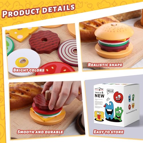 LovesTown Wooden Stacking Toys, Burger Stacking Toys Montessori Toys for Kids Educational Preschool Learning Toys for Boys Girls Birthday Gifts