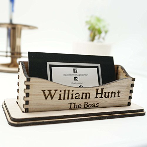 Custom Personalized Name Wooden Business Cards Holder Office Desk Tray Storage Organization Supplies Minimalist Modern Boss Coworker Manager Gift - Thumbnail 2