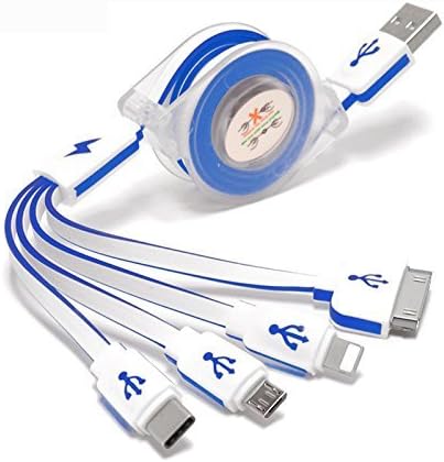 WUTSUN USB Charging Cable , Retractile,Type-c /Micro USB/iPhone 8 pin Lightning and iPhone 30 pin 4 in 1 to USB 2.0 Charge Cable(3.3 FT, Blue and White)