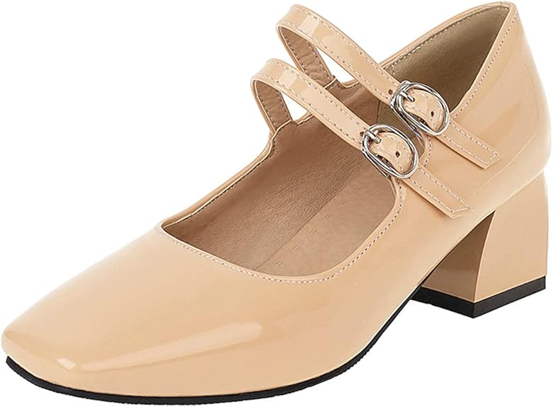 Amazon.com | Meefit Womens Patent Leather Mary Jane Double Strap Heels Pumps Square Toe Block 