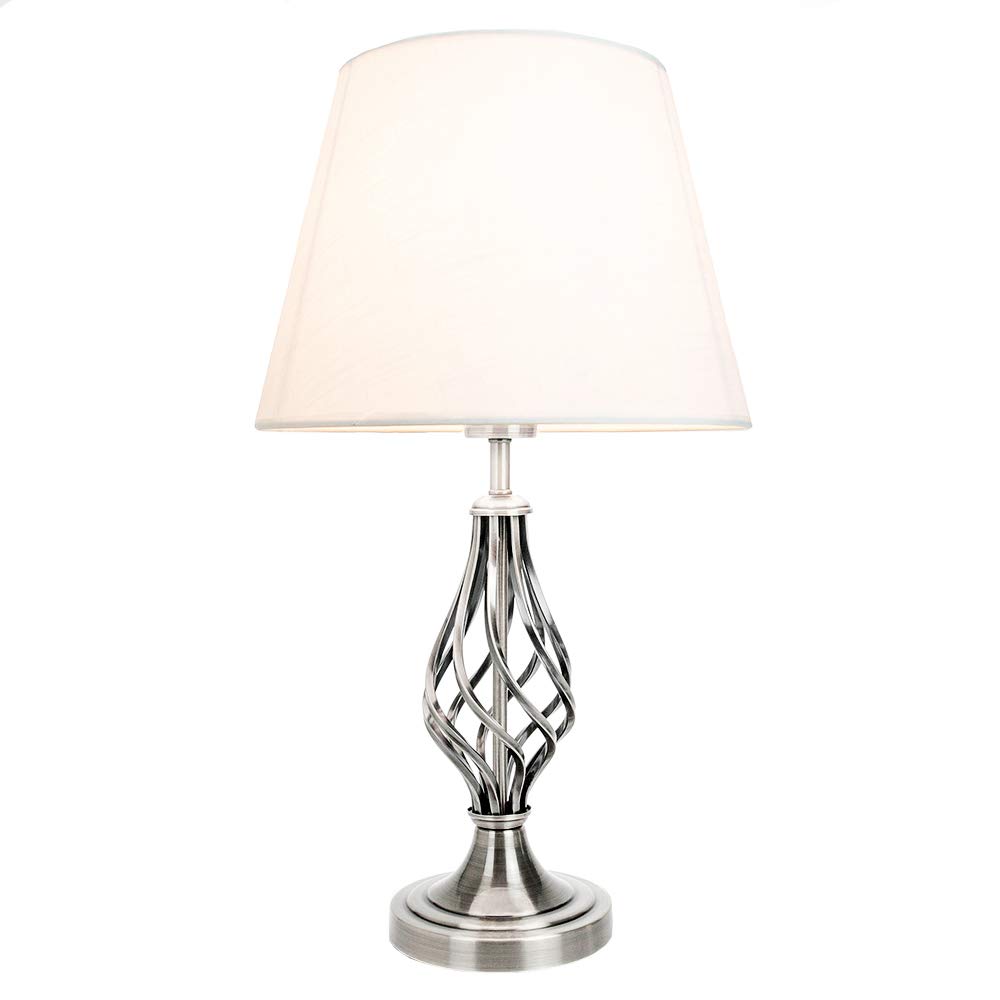 Happy Homewares Traditional Satin Nickel Table Lamp with Barley Twist Metal Base and Ivory White Linen Shade | 60w Maximum | Ideal for Bedside Lamps