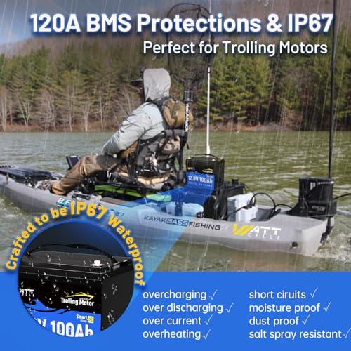WattCycle 12V 100Ah Trolling Motor Lithium Battery with Bluetooth, IP67 Waterproof Marine LiFePO4, 120A BMS (1536W), Group 24 Drop-in Replacement, 23lbs Deep Cycle Power for Boat, Kayak, Fish Finde