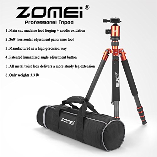 ZoMei Carbon Fiber Tripod,Camera Tripod for dslr,66.5" Camera Tripod Monopod with 360 Degree Ball Head,Load up to 33 pounds (orange)