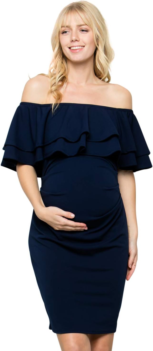 Double Layer Ruffle Maternity Dress-Fitted Off-Shoulder Baby Shower Pregnancy