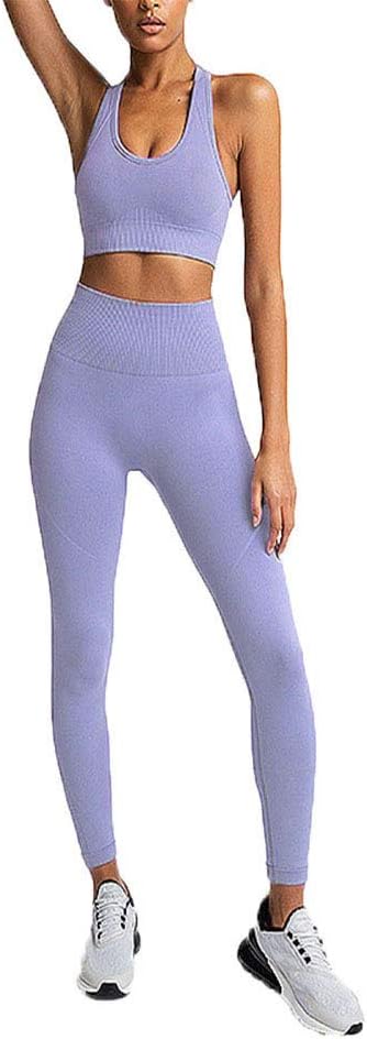 Women Workout Set Outfit Tracksuits Seamless Yoga Leggings with Sports Bra Gym Clothes Set Sliver Purple