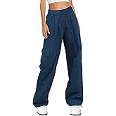 HVEPUO Womens High Waist Cargo Pants Y2K Wide Leg Cotton Baggy Hiking Pants Lightweight Elastic Waist Trousers with Pockets