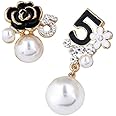 Faux Imitation Pearl Black Floral Dangle Drop Earrings Studs