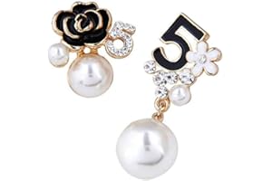 JOKIMU Faux Imitation Pearl Black Floral Dangle Drop Earrings Studs