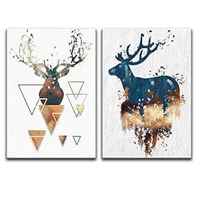 Abstract Deer And Shapes - 2 Panel Canvas Art