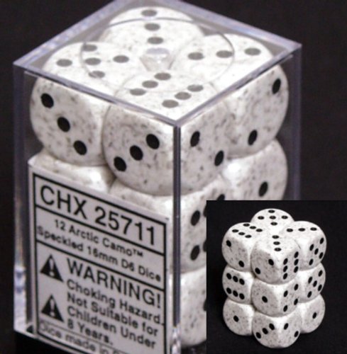 Chessex Dice d6 Sets: Arctic Camo Speckled - 16mm Six Sided Die (12) Block of Dice