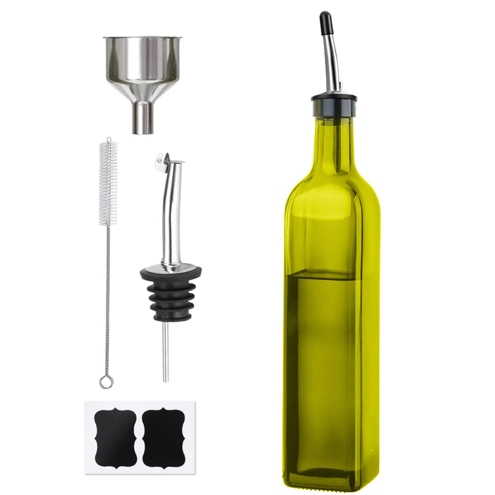 Photo 1 of WEILAIDI Green Olive Oil Dispenser Bottle, 1 Pcs Green Glass Oil and Vinegar Dispenser Set with 2 Stainless Steel Pourers, 2 Labels,1 Brush and 1 Funnel Oil Bottles for Kitchen?17oz/500ml?