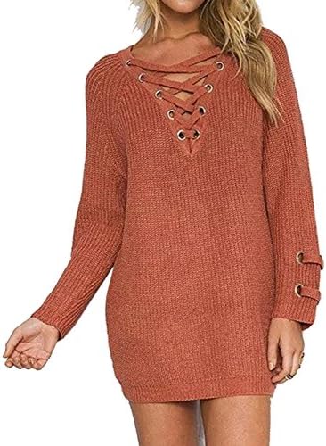 Summer Jun Women's Lace Up Front V Neck Long Sleeve Knit Sweater Dress Top