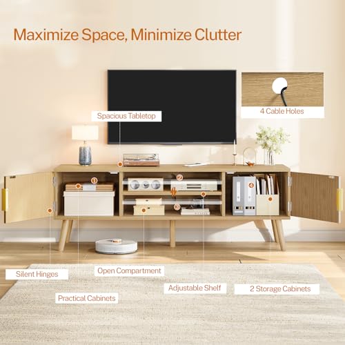 FIONESO Fluted TV Stand for 32-60 Inch TV, TV Console, Entertainment Center with 2 Cabinets & Shelf, TV Table, Media Console with Gold Handle for Living Room, Natural