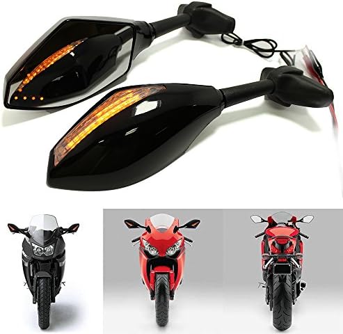 Pair of Motorcycle Led Turn Signal Integrated Indicator Rearview Mirrors for Racing Bike Sport Bike (Smooth Black+Clear Lens)
