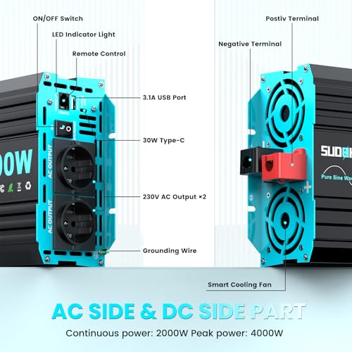 SUDOKEJI 2000 W / 4000 W Inverter Pure Sine Wave Voltage Converter 12 V to 230 V Power Inverter with LCD Remote Control, Type-C and USB Ports, 2 EU AC Sockets for Solar, Vehicles, Motorhomes