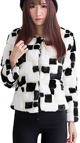 LOCOMO Women Color Check Patchwork Faux Rabbit Fur Hair Jacket FFJ023BLK