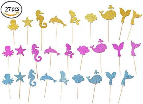KWJOY 27 Pieces Mermaid Theme Glitter Cupcake Toppers Sea Style Cake Toppers for Baby Shower Party Favors Including Mermaid, Seahorse, Seashell, Fishtail, Starfish，Dolphins, Octopus, agar fis