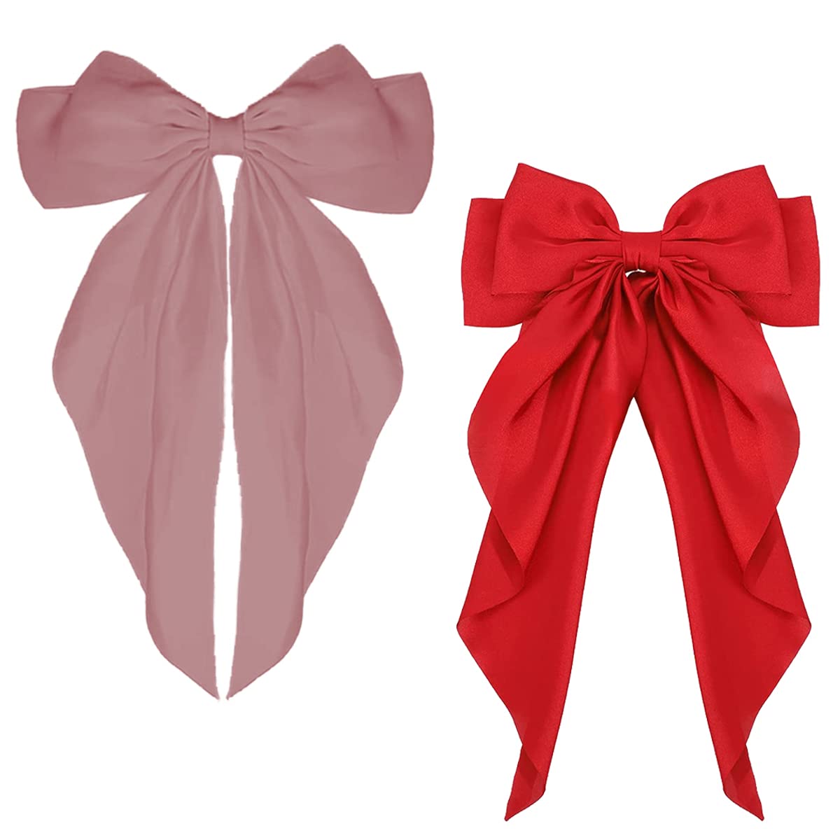 ZEVONDA Pack of 2 Big Bow Hair Clips - Solid Color Large Bowknot Hairpin Hair Clip with Long Silky Satin Tail Hair Barrettes Accessories for Girls Women, Red + Pink