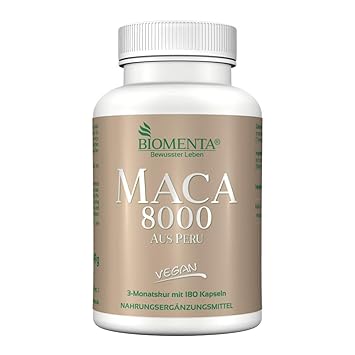 BIOMENTA MACA HOCHDOSIERT 8000 aus PERU | AKTION!!! | 180 Maca Kapseln | 3 Monatskur | VEGAN | Pures Maca Extrakt aus Maca Pu