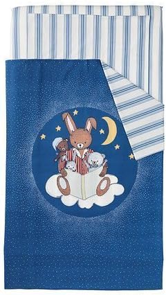 Sovdags 4 piece crib bedding set. Blue/white 43x49 quilt 14x22 pillowcase 28x52 crib sheet 28x52 skirt