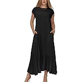 KEOMUD Women Summer Pleated Maxi Dress Casual Short Sleeve Crewneck Flowy Swing Long Dress with Pockets
