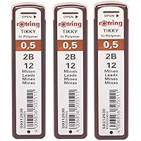 Bulk 3 Pcs. 2B Rotring Tikky Hi-Polymer Fineline Leads for Mechanical Pencils, 0.5mm 2B, Black, 12 Leads per Tube, (Pack of 3 ) Set for Kids School by DrWritting
