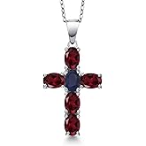 Gem Stone King 925 Sterling Silver Red Rhodolite Garnet and Blue Sapphire Cross Pendant Necklace for Women | 3.06 Cttw | Gemstone January Birthstone | Oval 6X4MM | With 18 Inch Chain