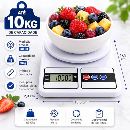 Balança Digital de Cozinha Alta Precisão até 10kg com Função Tara e Display LCD – Ideal para Receitas, Dieta e Controle Alimentar