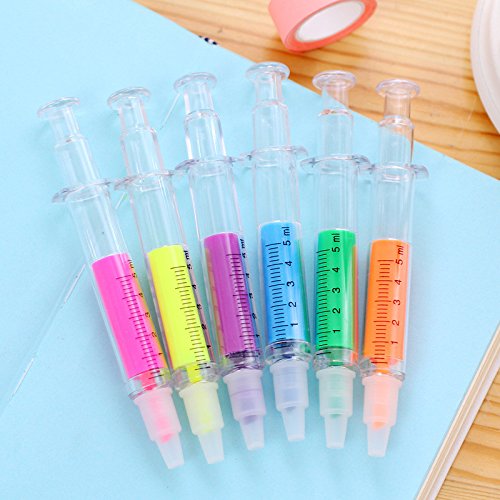 Chris-Wang 6Pcs Injector Syringe Highlighters Fluorescent Needle Watercolor Pen Marking Pen with Caps, Chisel Tips(6 Colors Assorted)