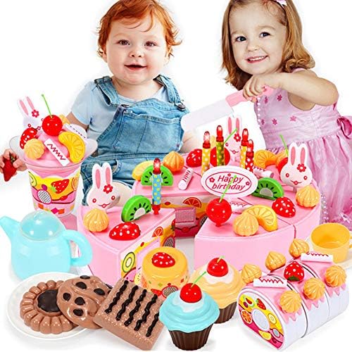TOYHUYI 54 PCS Kids Cake Set Toy Tea Set Pretend Food Play Set Party Cake Pink for Toddlers