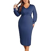 WUSENST Women's Long Sleeve Dress Casual V Neck Dresses Twist Waist Bodycon Cocktail Party Dress