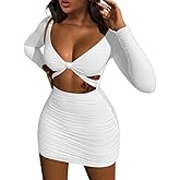 XXTAXN Women's Sexy Bodycon Deep V Neck Long Sleeve Cut Out Club Mini Dress