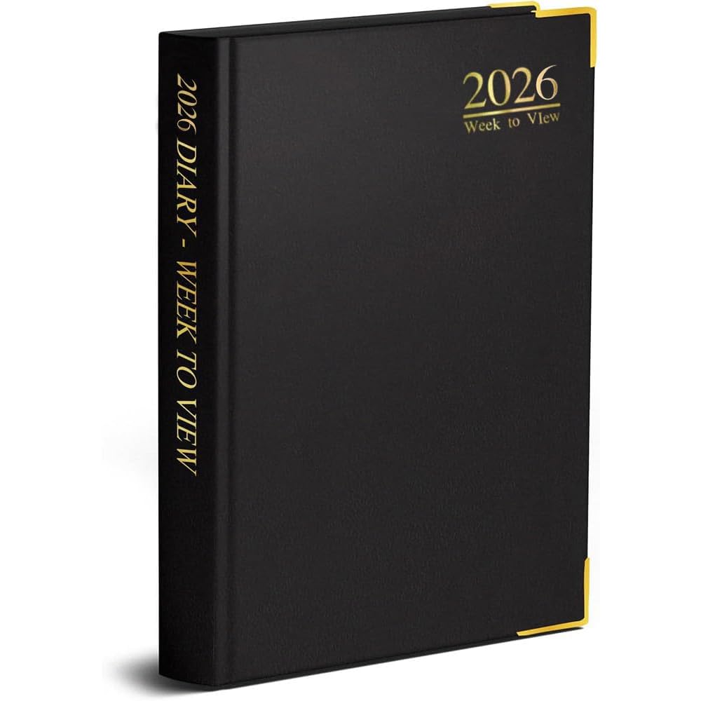 2026 A4 Black Diary Week to View Desk Diary A4 Weekly Planner Hard Backed with Metal Edges for Home and Office Use - 60 gsm paper