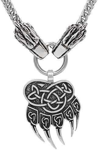xicoh Viking Wolf Head with Thor's Hammer Mjolnir Scandinavian Bear Paw Wolf Pendant Necklace - Stainless Steel Chain