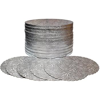 TROLIR 12 inch Round Cake Drums, 12 Pack, Smooth Edge, Sturdy and Greaseproof Boards of 1/2 inch Thick Corrugated Paper, Coated with Embossed Foil of Silver Grape Leaf, Bonus - 6 Scalloped-Edge Pads