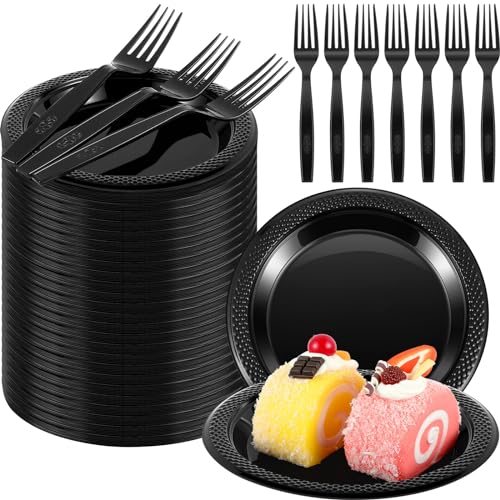 Photo 1 of Hushee 600 Pcs 6 Inch Plastic Dessert Plates with Forks Include 300 Pcs Disposable Appetizer Plates, 300 Pcs Plastic Forks for Salad Dinner Parties (Black)