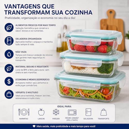 Kit 3 Potes Herméticos de Vidro com Tampa Vedação Silicone 370ml 640ml 1040ml – Livre de BPA, Vai ao Forno, Micro-ondas e Lava-louças Organizador