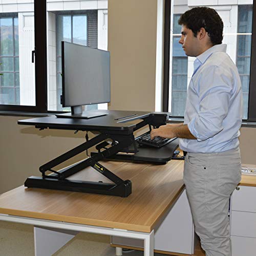 Electric Height Adjustable Standing Desk Converter with 36” Wide Office Tabletop Workstation, Sit to Stand up Computer Platform Monitor Riser