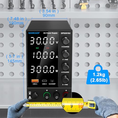 NANKADF Laboratory Power Supply 30V 10A, Variable DC Power Supply with USB A/Type C Fast Charging Port, Laboratory Power Supply with High Precision 4-Digit LED Display Transmitter Adjustment Button