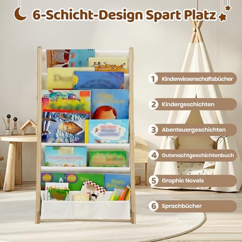 Kinderbücherregal Montessori – Bücherregal Kinder mit 6 Stofffächern, frontal offenes Bücher-Display aus Kiefernholz, Kinderregal für Kinderzimmer & Leseecke, Naturholz, 42 x 30 x 76 cm
