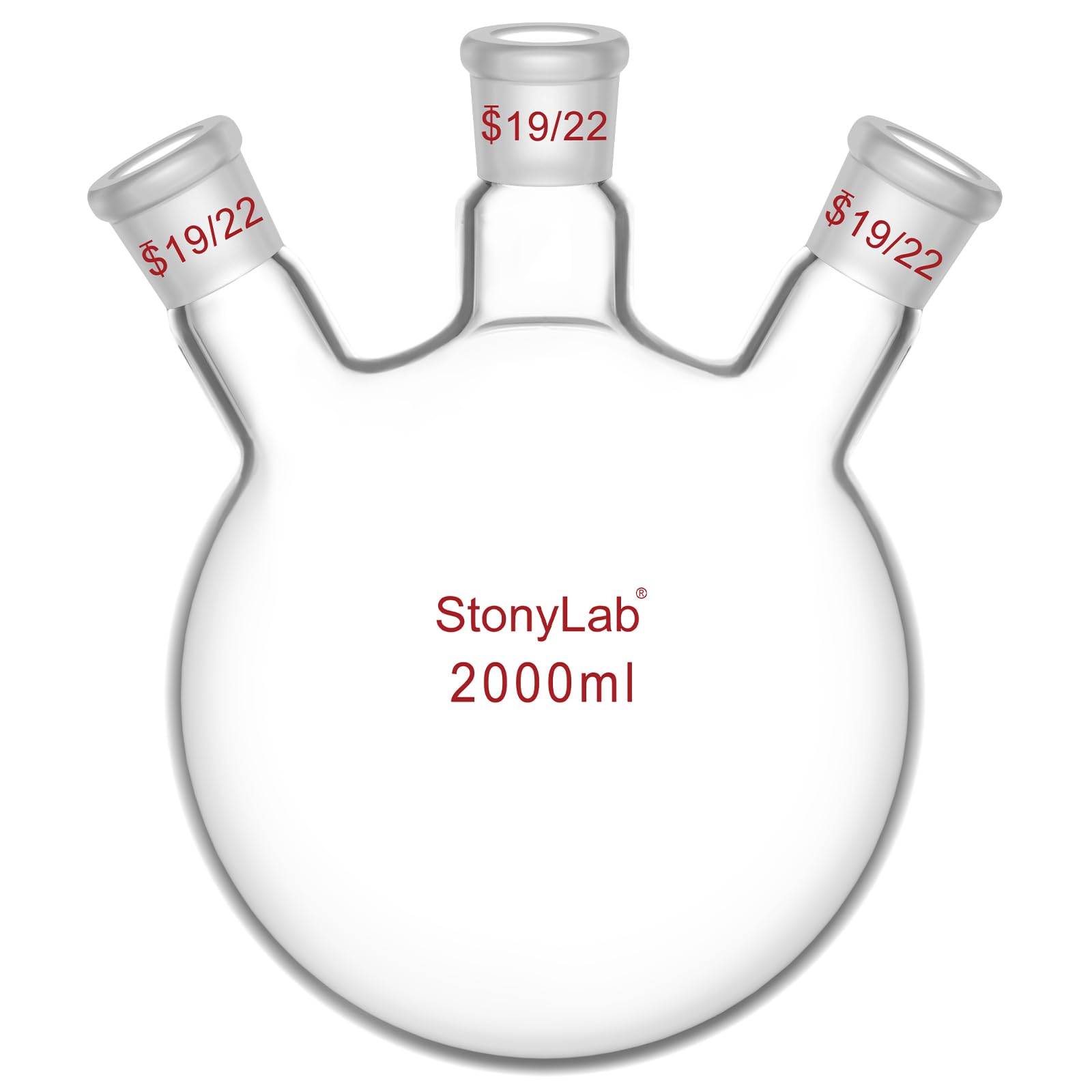 stonylab Borosilicate Glass Heavy Wall 3 Neck Round Bottom Flask RBF, with 19/22 Center and Side Standard Taper Outer Joint (2000ML)